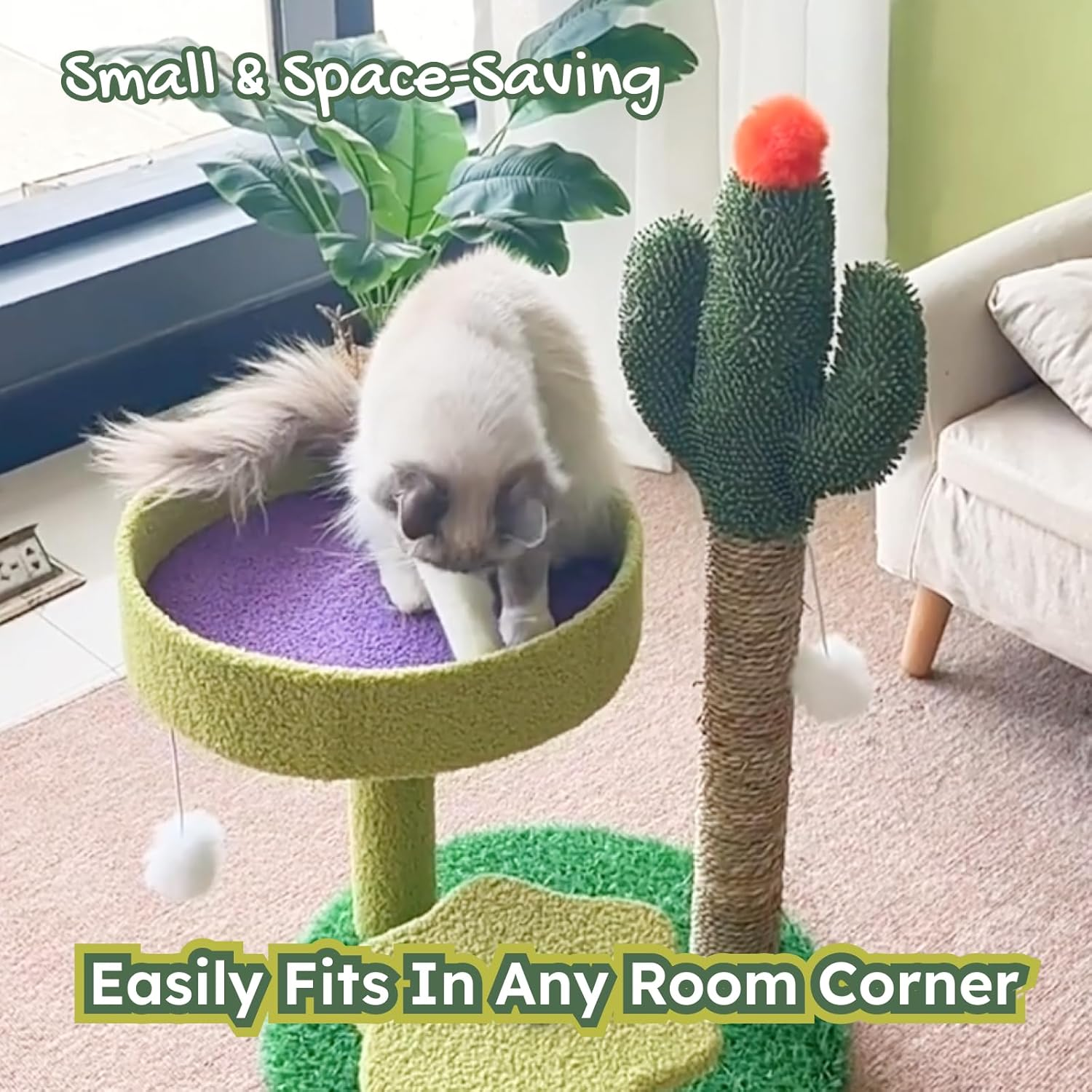 Cactus Cat Tree - Cute Cat Tower with Sisal Scratching Post, Plush Perches, and Play Platforms, Fun Cat Activity Tower for Kittens, Small Cats, 70Cm Tall image number 3