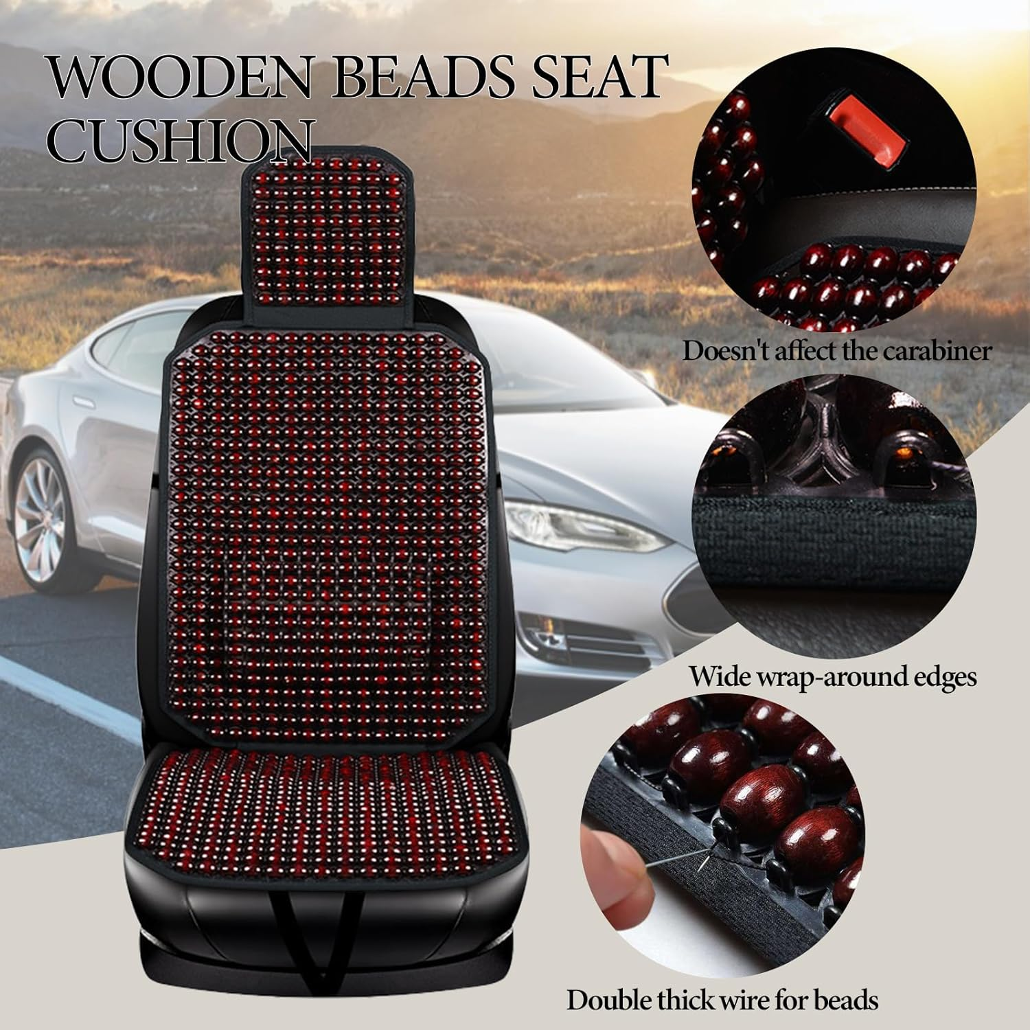 Natural Wood Beaded Seat Cover, Car Seat Cover, Breathable Cooling Pad for Cars Trucks Vans, SUV, Keeps the Back from Getting Sweaty While Driving (Maroon) image number 3