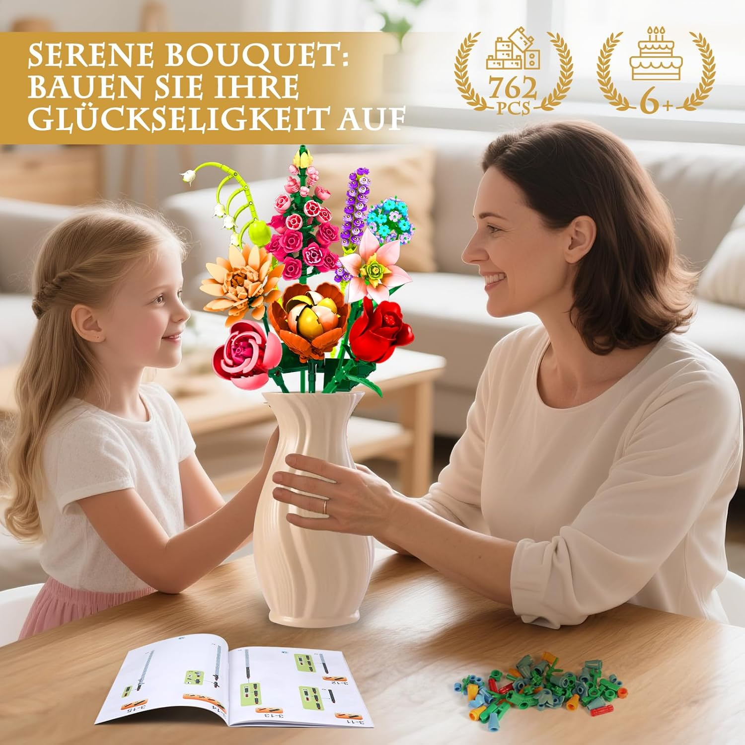 Flower Clusters Bouquet Kit, 762 Pieces Eternal Bouquet with Hibiscus, Rose, Lily, Lavender & More, DIY Decoration Set for Living Room, Christmas, Building Blocks for Adults & Children from 6 Years image number 3