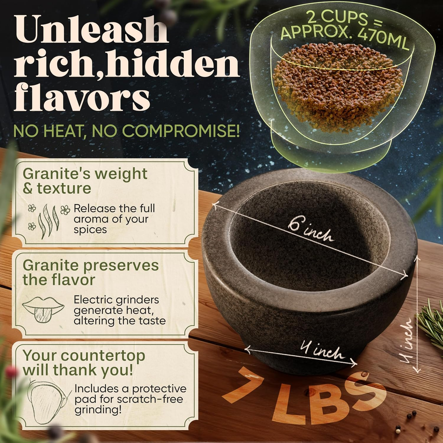 Chefsofi Mortar and Pestle Set - Black Polished Exterior - Standard 6 Inch - 2 Cup Capacity image number 2