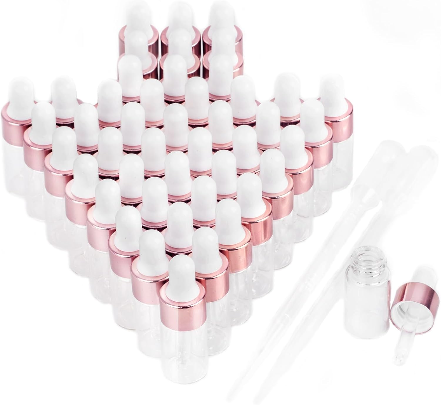 Easeen Sample Dropper Bottles, Mini Dropper Bottles with 2 Pcs Plastic Droppers for Traveling Essential Oils DIY Cosmetic Liquid Sample Perfume, Silver, 5ML-50PCS image number 3