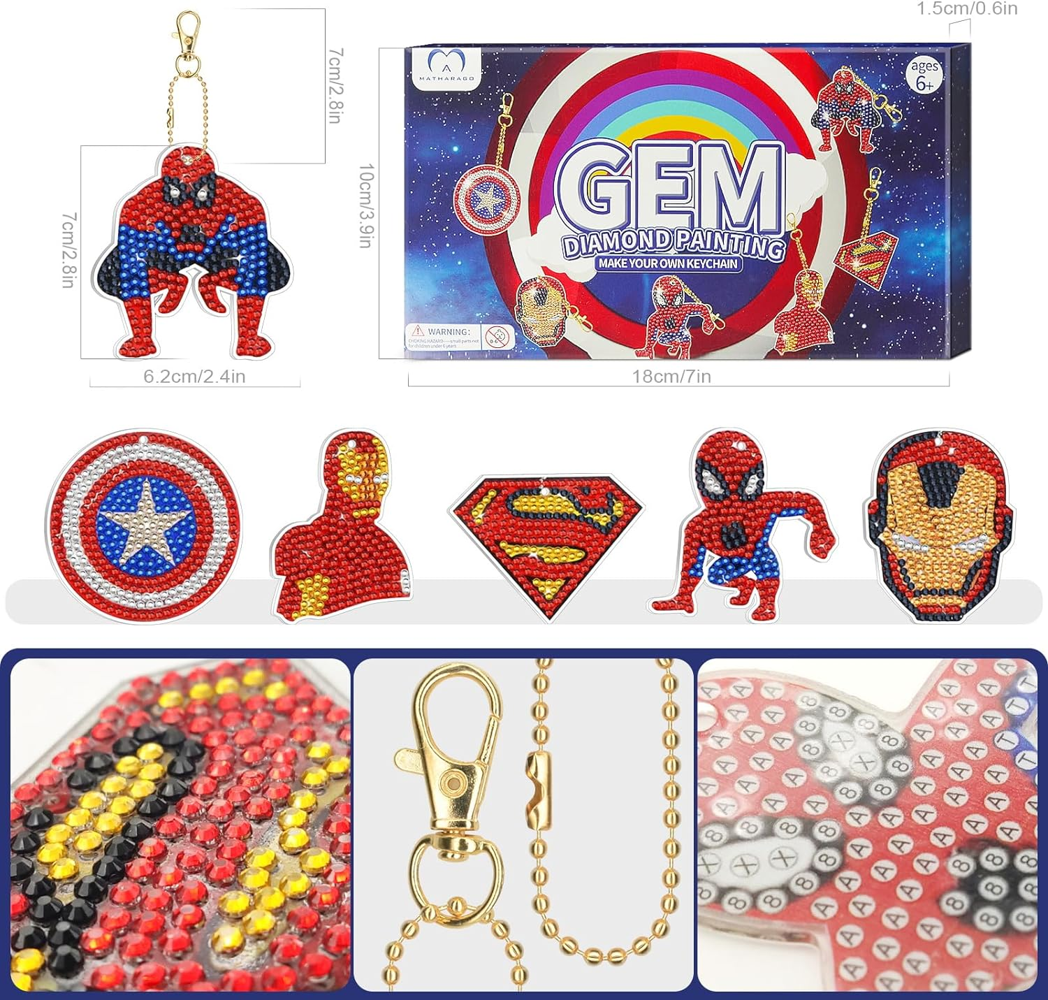 MATHARAGO Diamond Art for Kids 6 Pcs DIY Diamond Painting Cartoon Keyrings Set, Painting by Number Gem Keychains Craft Kits for Kids Ages 6-12, Gifts for Birthday, Back to School - 24-Marvel image number 7