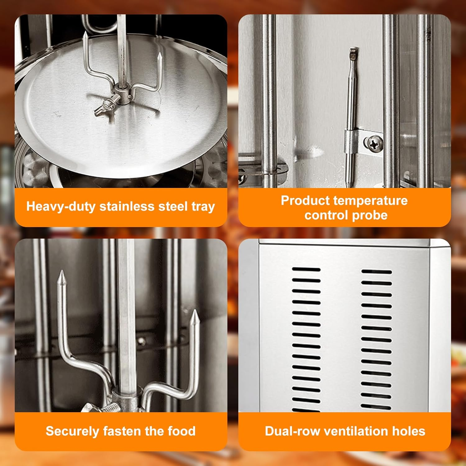 Electric Shawarma Grill Machine, Automatic Rotating BBQ Doner Kebab Grill, Vertical Rotisserie Broiler with 2 Heating Tubes, Gyro Rotisserie Oven with Adjustable Temperature 50-300&deg;C image number 3