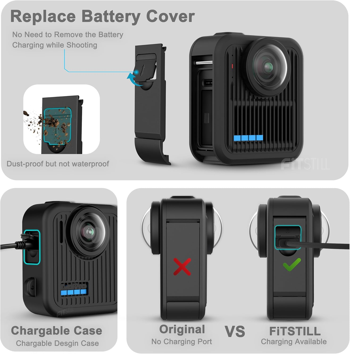 Fitstill Silicone Protective Kit Is Only for Go Pro Max 2, Silicone Protective Case + Screen Protector + Battery Side Cover + Lens Protective Cover + Adjustable Wrist Strap Max 2 Accessories image number 6