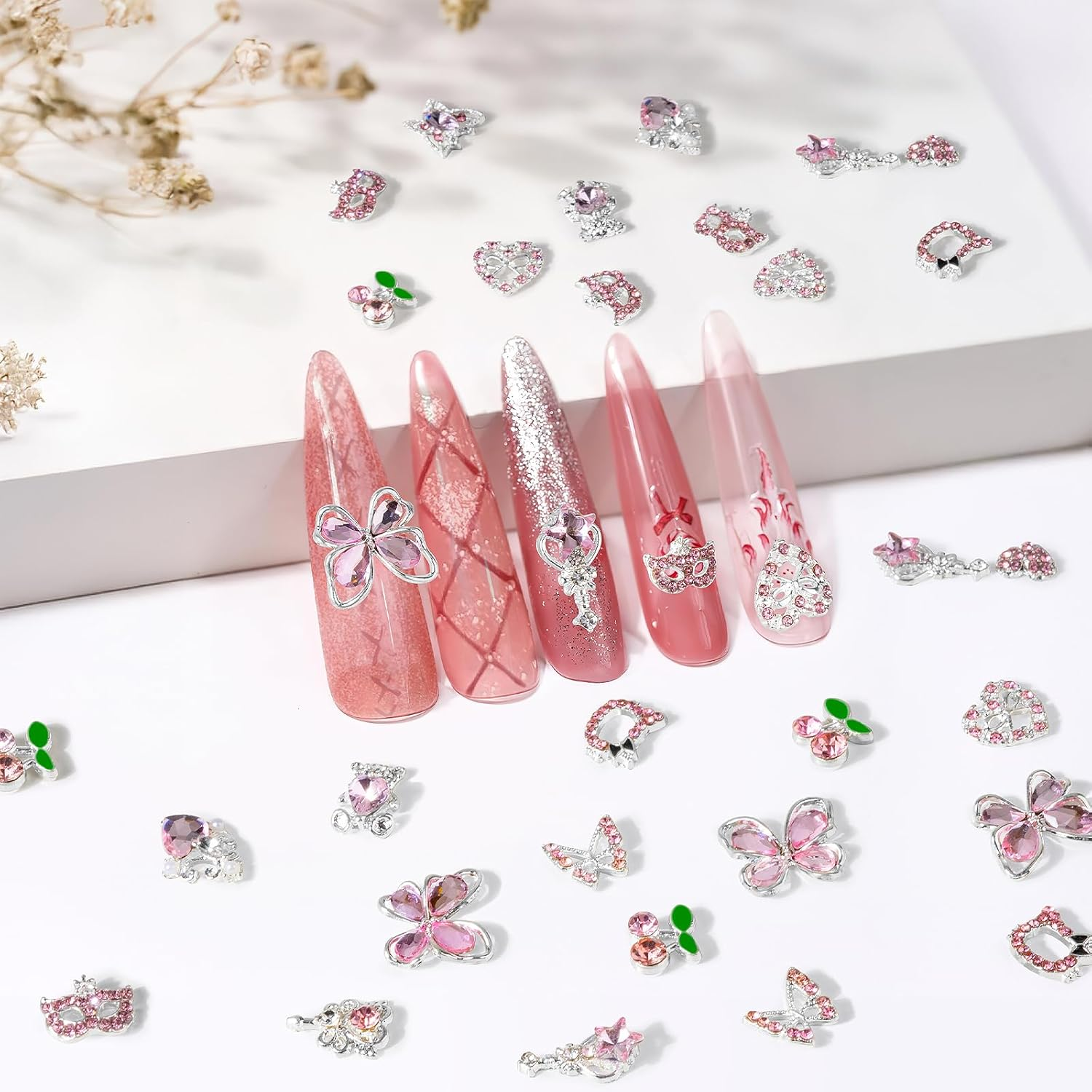 Madenia 60Pcs 3D Nail Art Rhinestone: 12 Silver Alloy Pink Nail Gems in Nail Art Decoration Supplies- Suitable for Women'S Nail Charm DIY in Nail Salon