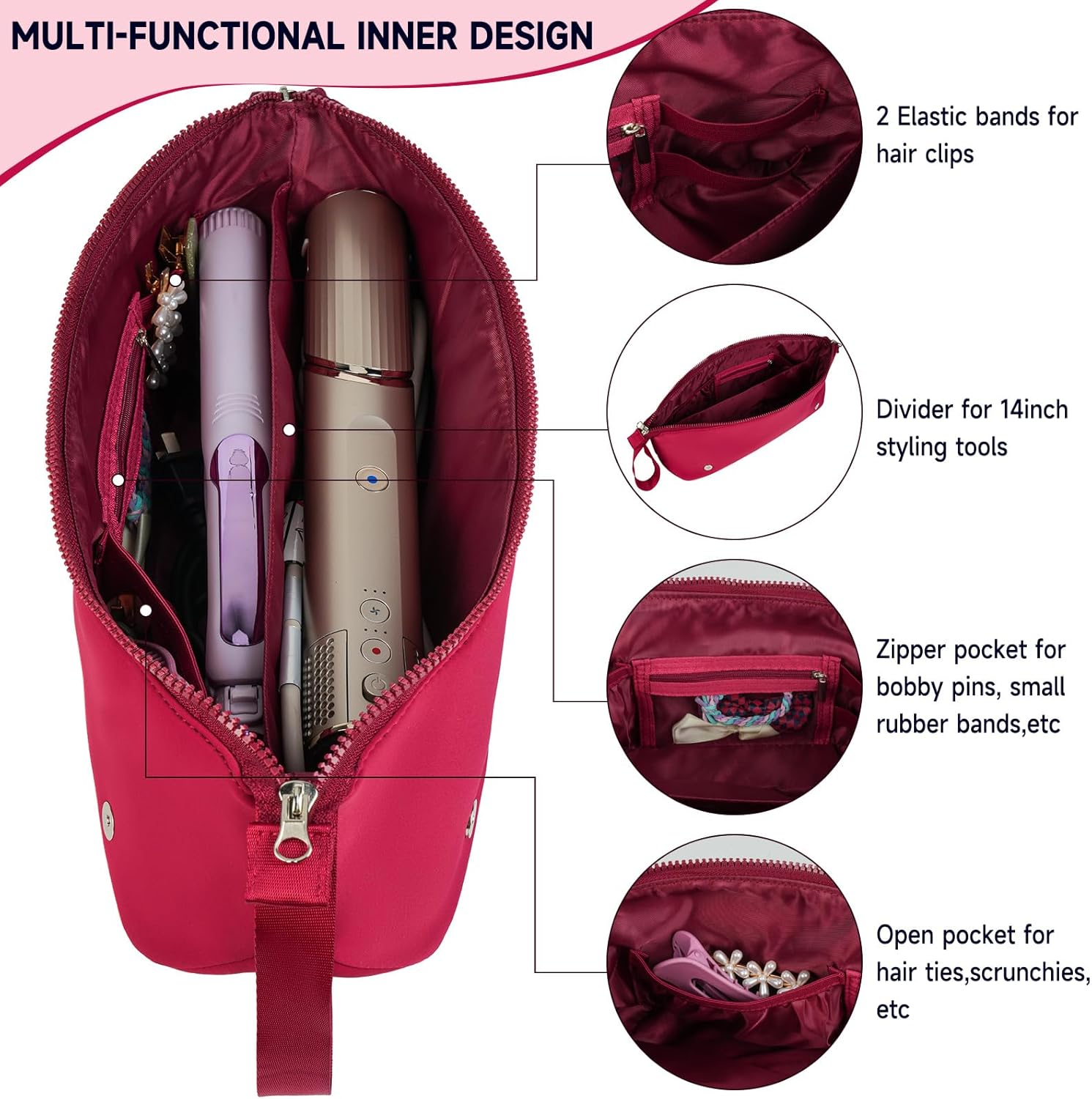 Hair Tools Travel Bag with Heat Resistant Mat and Lining, Portable 2 in 1 Hair Storage Bag for Curling Iron, Flat Irons, Straighteners and Haircare Accessories(Red) image number 1