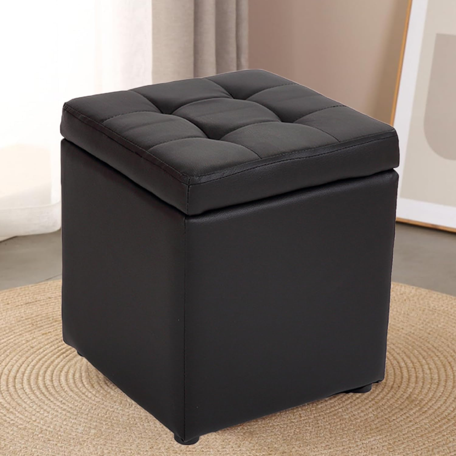 Uandhome Storage Ottoman Cube Storage Box,Multipurpose Foot Stool PU Faux Leather,Small Square Ottoman Shoe Bench with Padded Seat for Living Room Bedroom Dorm (White)