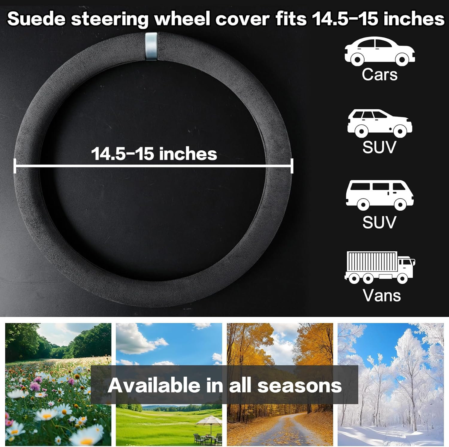 Car Steering Wheel Cover, Suede Car Interior Accessory for Driverse Car, Anti-Slip Breathable Full Surround Leather Steering Wheel Covers Protector for 14.5"-15" Universal Fit (Silver-O Shape)