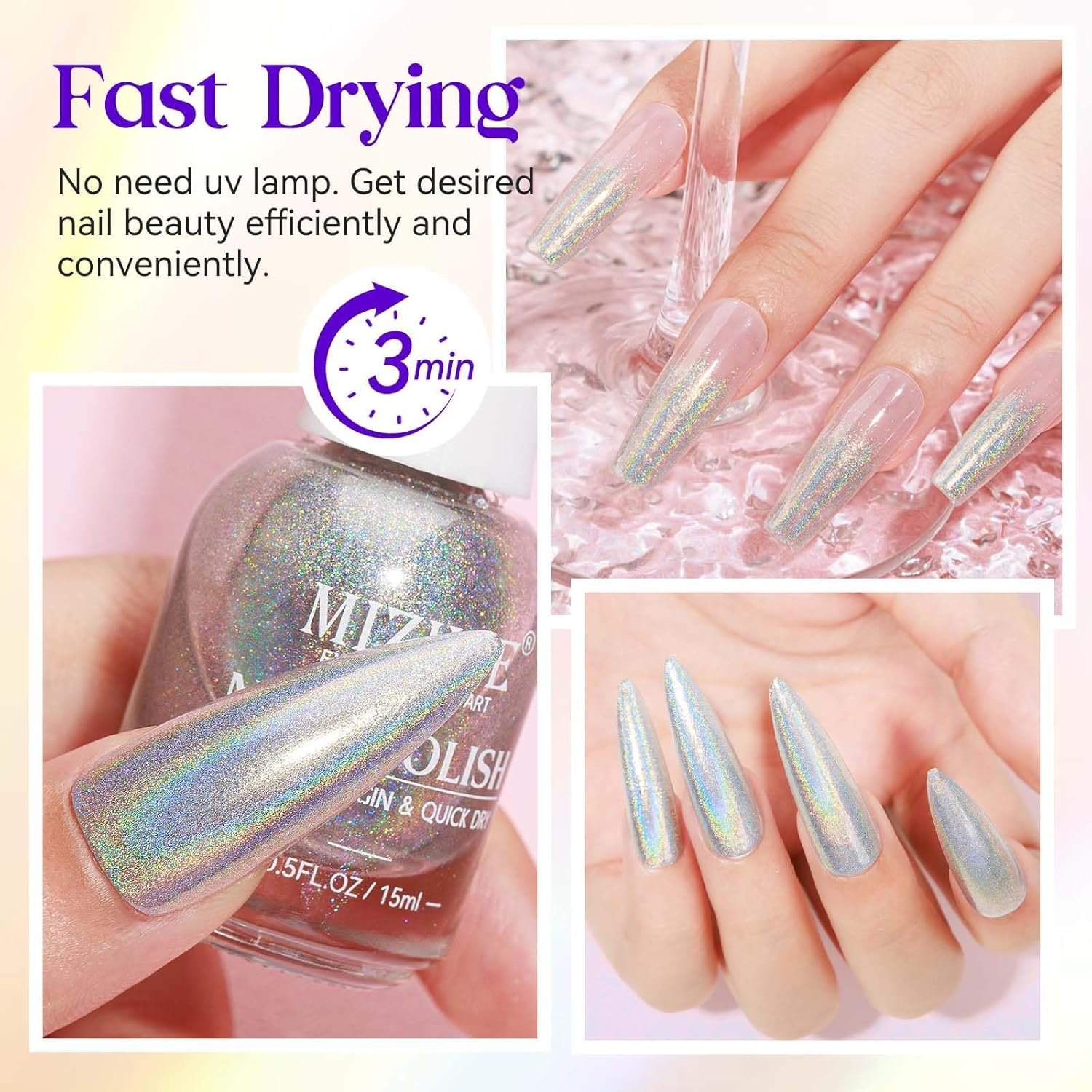 MIZHSE Holographic Nail Polish, Silver Glitter Nail Polish Air Dry Fast, 15 Ml 0.5 Fl Oz High Glossy Shiny Nail Pigment Oil-Based Laser Iridescent Nail Polish Chrome Halo Nail Art Salon Manicure Home image number 3
