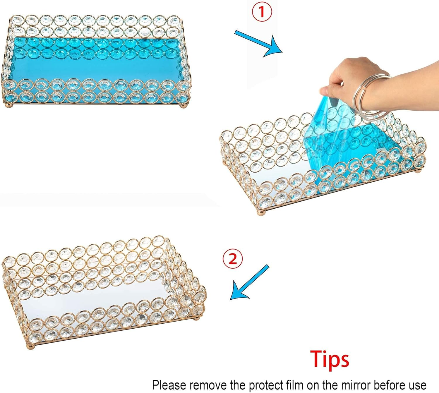 Feyarl Crystal Perfume Tray Gold Mirror Tray Rectangle Decorative Trays Jewelry Trinket Cosmetic Organizer Trays for Dresser Home - Gold image number 2