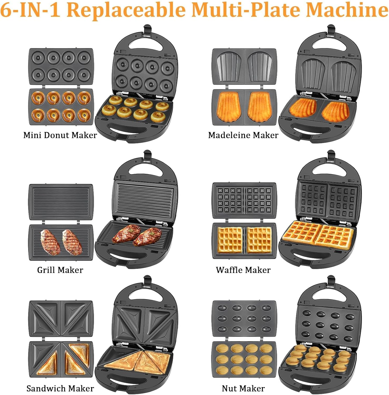 6 in 1 Waffle Iron Set, Panini Press Grill and Electric Sandwich Maker with Removable Non-Stick Plate, Ideal for Cooking Grilled Cheese, Tuna Melts, Burgers (AU PLUG)