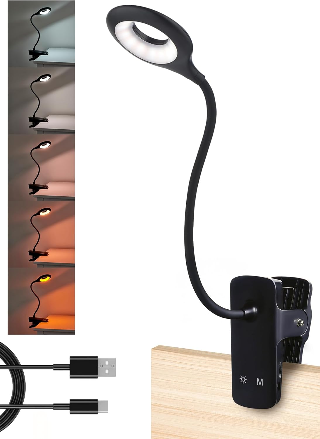 National Lighting Dimmable LED Clip on Light - 4.5W Touch Control LED Lamp with Flexible Neck & Strong Clamp - 5 Colours & Brightness Levels, USB Rechargeable Desk Light - Pink