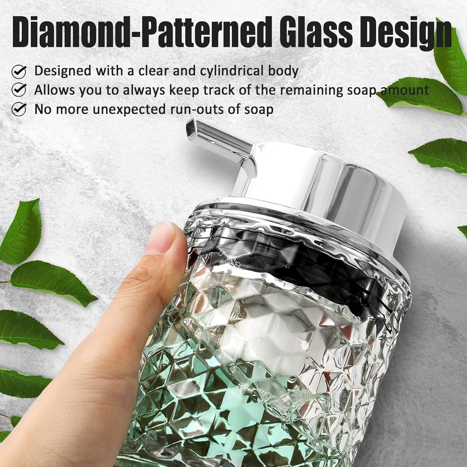 Elegant Diamond Glass Foaming Soap Dispenser,One-Touch Lather, Effortless Clean,Bathroom & Kitchen Refillable Clear Glass Liquid Soap Dispenser image number 3