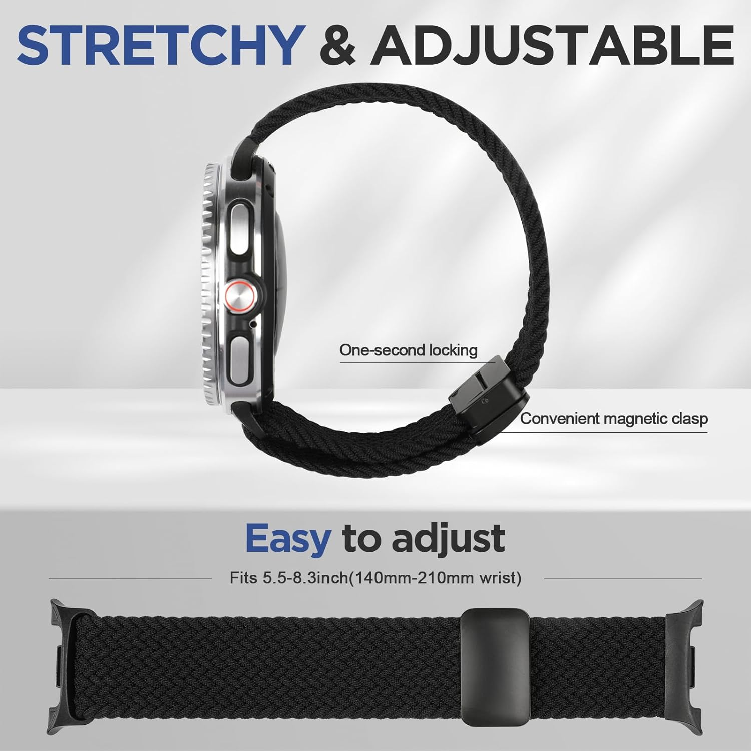 KEYSJEFF Braided Magnetic Bands for Galaxy Watch 8 Band 40Mm 44Mm,Elastic Nylon Sport Strap Stretchy Fabric Wristbands Compatible with Samsung Galaxy Watch 8 Classic Bands 46 Mm