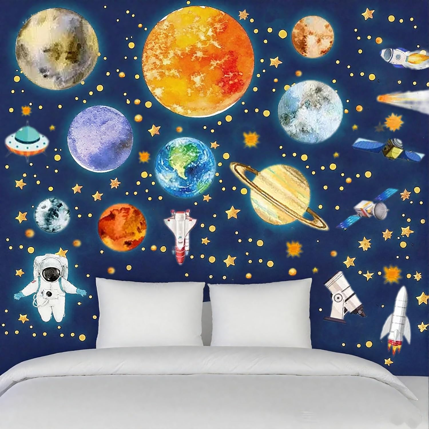 Glow in the Dark Space Stickers - Solar System Planets Stars Rocket Astronaut - Self-Adhesive Wall Ceiling Decals for Kids Bedroom Nursery Decor - Easy to Apply image number 3