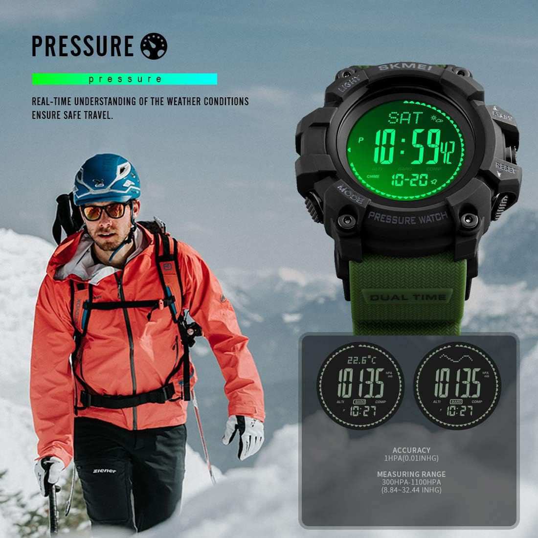 Compass Watch Army, Digital Outdoor Sports Watch for Men Women, Pedometer Altimeter Calories Barometer Temperature Waterproof image number 1
