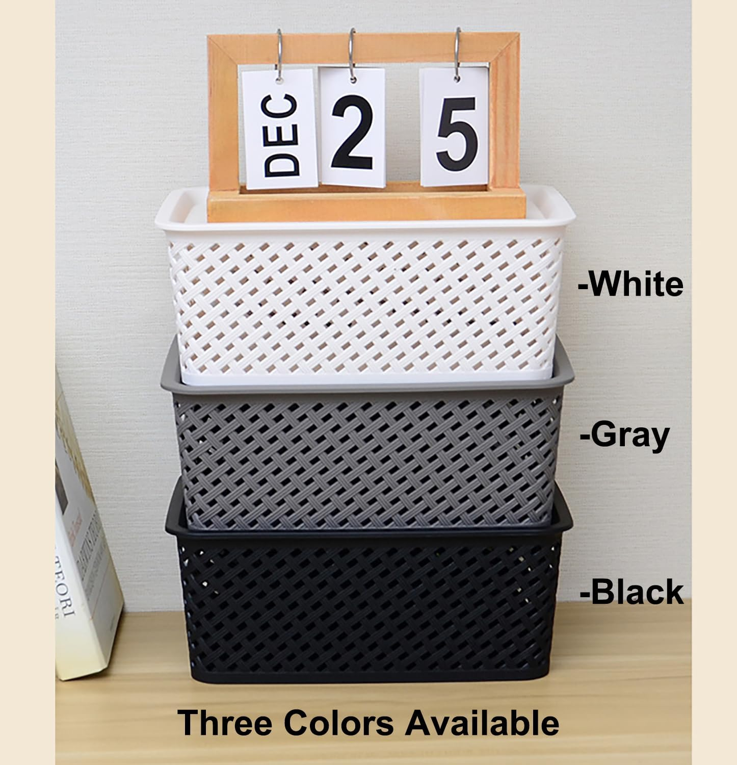 6-Pack Plastic Storage Baskets, Stackable Weave Baskets, Household Sundries Storage Baskets for Organizing Closets, Cabinets, Pantries, Shelves and Countertop Space (6 Pack-White-Plastic Lid) image number 5