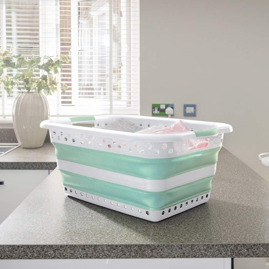 Addis 517934 Foldable Rectangular Laundry Basket, White & Aqua Haze, 45 Litre image number 4