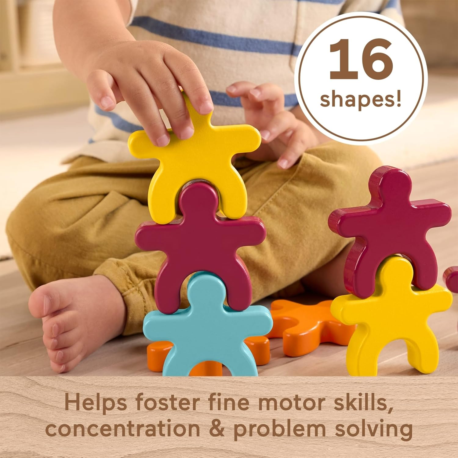 Fisher-Price Wood Montessori Toy Stacking Shapes, American Montessori Society Seal of Excellence, 16-Piece Wooden Learning Activity & Expert Play Tips for Kids Ages 2+ Years (Amazon Exclusive)