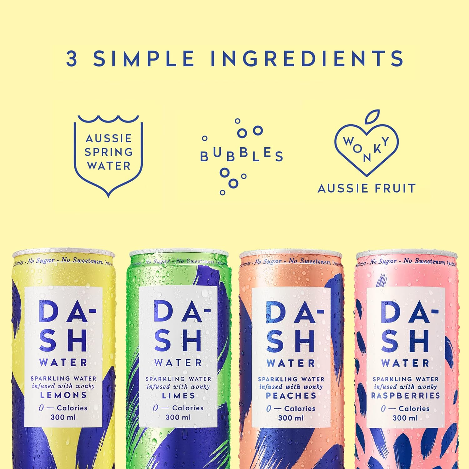 Dash Water Variety Pack - 16 X Flavoured Sparkling Spring Water - Peach, Lime, Raspberry & Lemon - Infused with Aussie Wonky Fruit (16 X 300 Ml Cans) image number 3