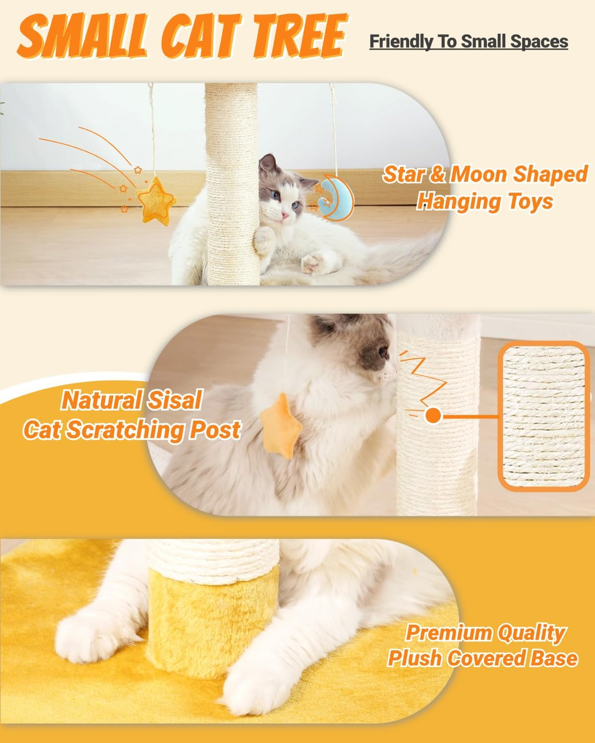 Happi N Pets Cloud Cat Scratching Post with Bed, Cat Tree for Indoor Cats, Nature Sisal Cat Scratcher with Cat Cozy Fluffy Perch for Kitten & Adult Cats, Small Cat Tower with Balls, Stable Cat Stand image number 1