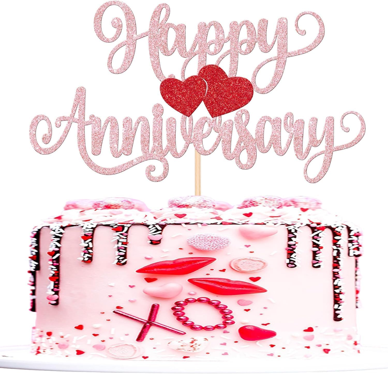 SYKYCTCY 1 Pack Happy Anniversary Cake Topper Glitter Heart Wedding Anniversary Cake Pick Wedding Anniversary Cake Decorations Kids Birthday Party Cake Decorations Supplies (Gold)
