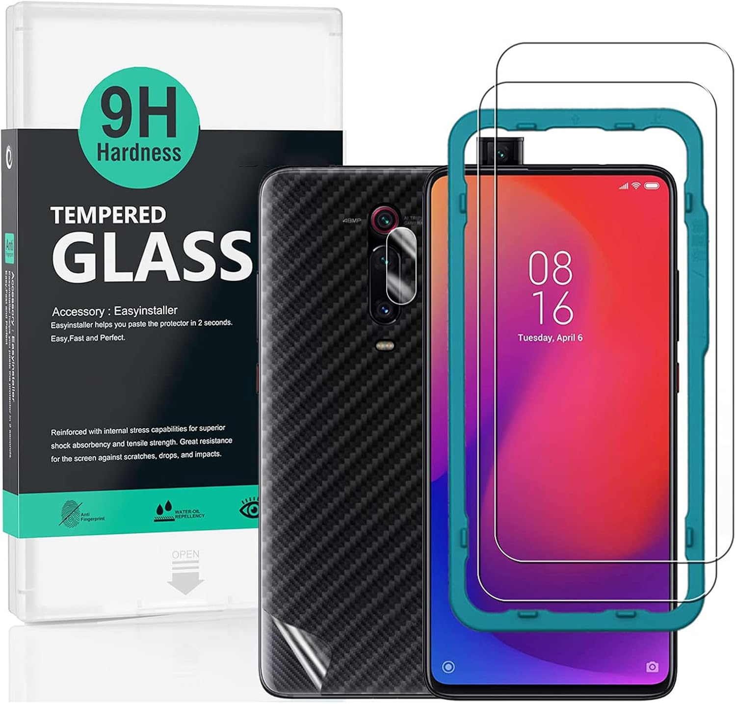 Ibywind Screen Protector for Xiaomi Mi 9T / Mi 9T Pro/Redmi K20 / K20 Pro [2 Pack], 9H Tempered Glass, with Camera Lens Protection, Back Carbon Fiber Skin, and Easy Install Kit