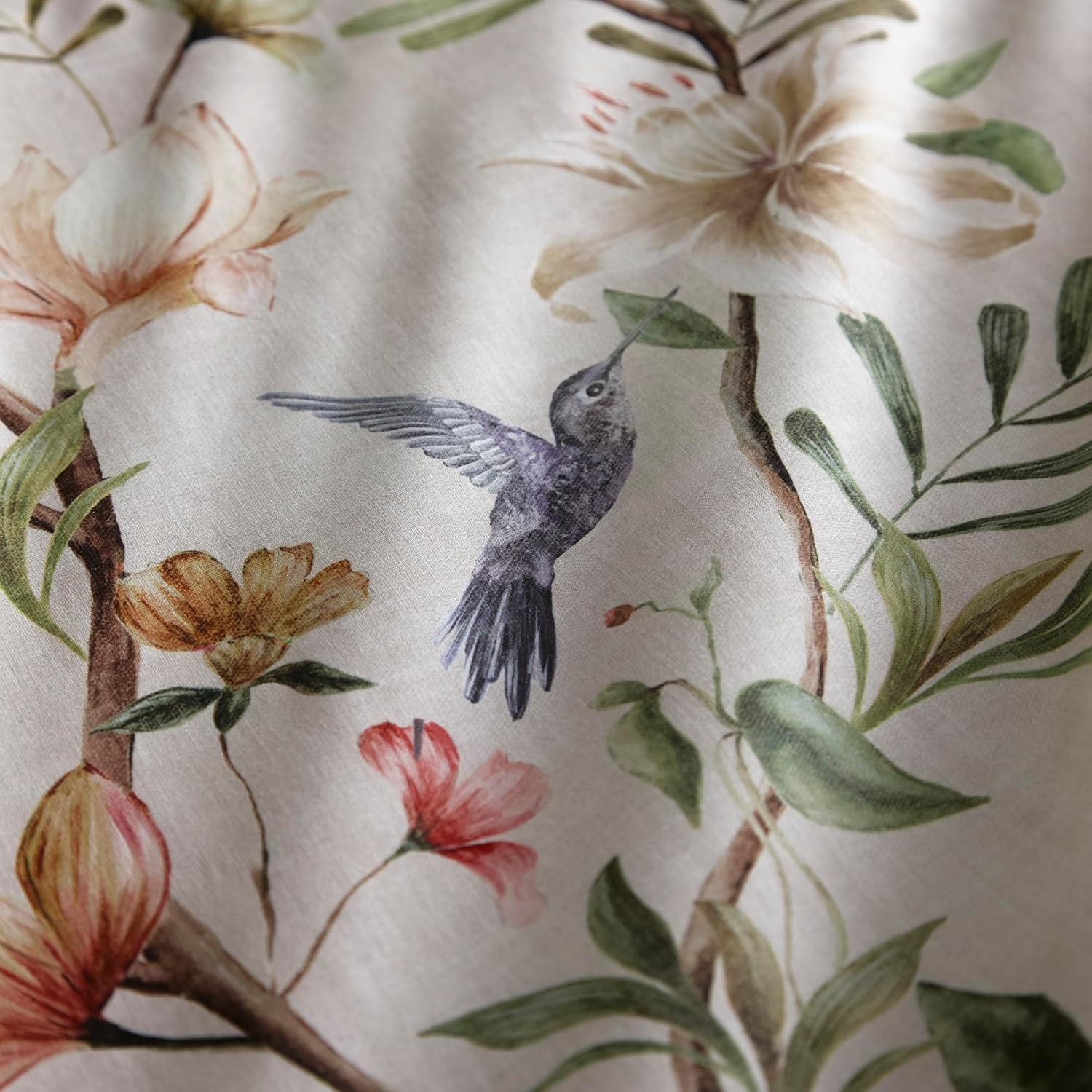 Appletree - Sage Green Floral & Humming Birds Duvet Cover - King Bedding Size (230 X 220Cm) - White Bedding with Birds & Flowers Print - 100% Cotton Sateen - Piped Edge Bed - Evelina Collection image number 2