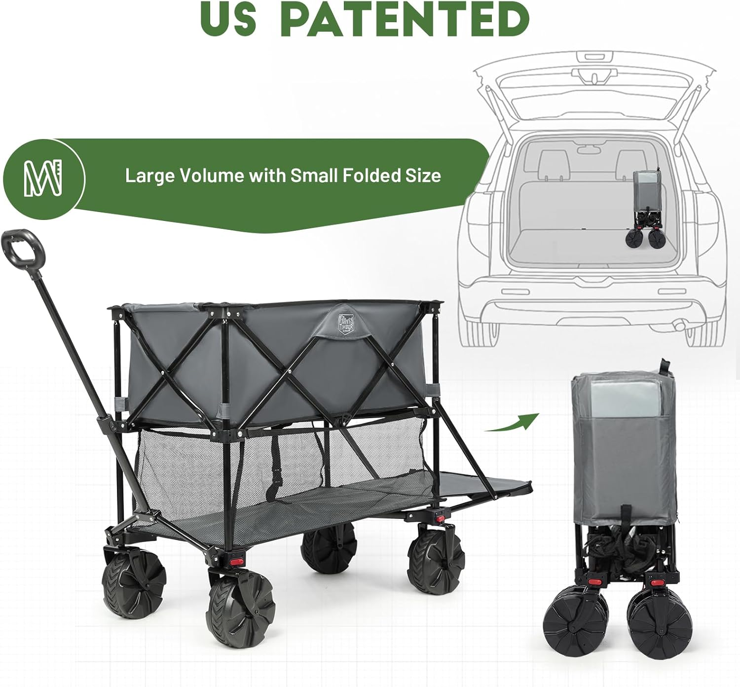 TIMBER RIDGE 400L Large Capacity Folding Double Decker Wagon, 54" Extra Long Extender Wagon Cart, 450Lbs Heavy Duty Collapsible Cart, All-Terrain Big Wheels for Camping, Sports, Shopping image number 4
