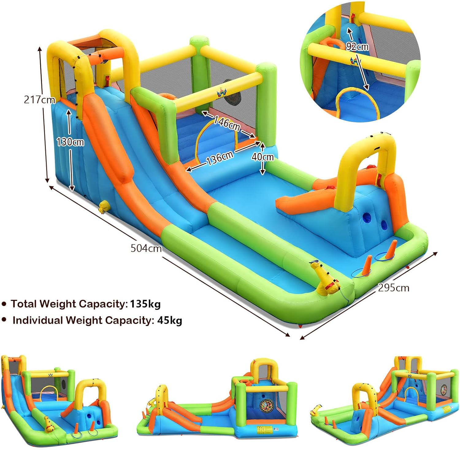 HONEY JOY Inflatable Water Slide, 8 in 1 Water Park W/Double Slides, Basketball Hoop, Water Gun, Ring Toss Game, Climbing Wall, Wet Dry Inflatable Jumping Castle for Outdoor (With 680W Blower) image number 6