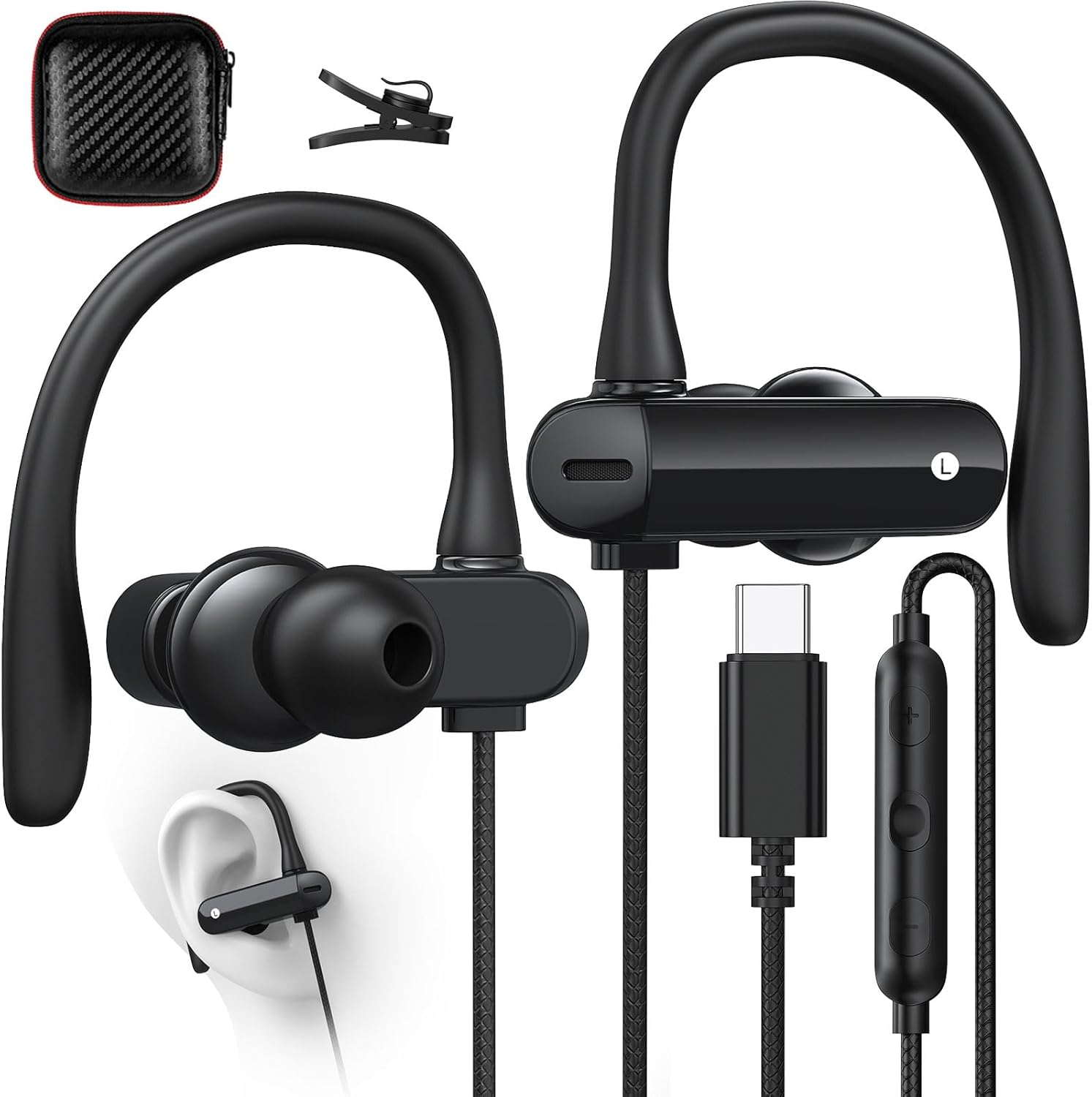 USB C Headphones with Ear Hooks, Microphone & Volume Control, Hifi Sound Headphones, USB C with Cable for Samsung Galaxy S25 Ultra S24 S23 A56 A16 Iphone 16 15 Pro Pixel 9 8 Headphones for Office image number 6