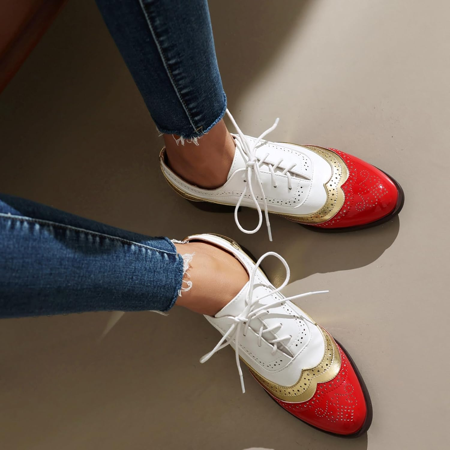 Galindopia Unisex Oxford Shoes Women Two Tone Perforated Wingtip Brogue image number 6