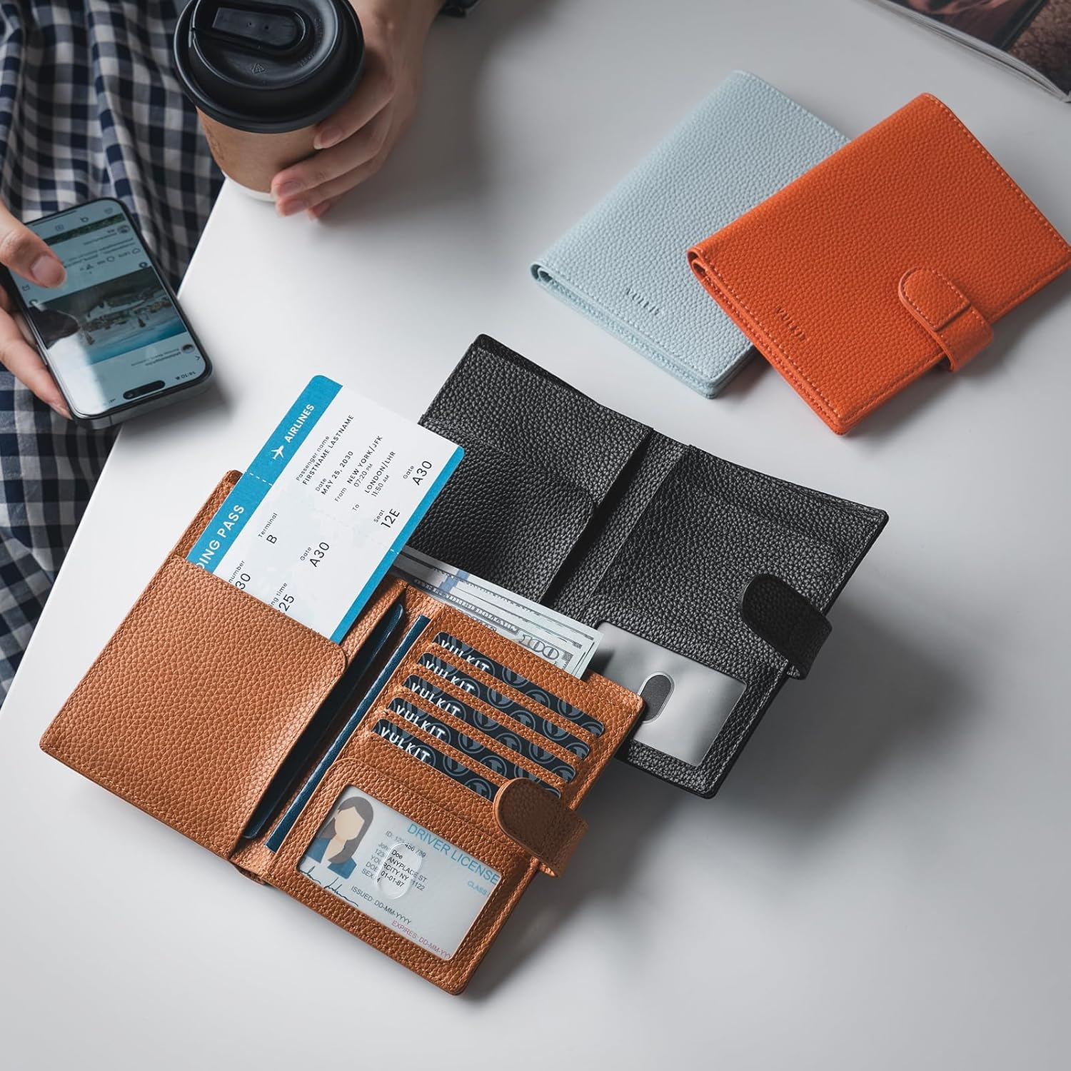 VULKIT Leather Passport Wallet for 2 Passports Pocket Slim Double Passport Holder RFID Blocking Passport Travel Wallet with ID Window for Women - Grain Black image number 2