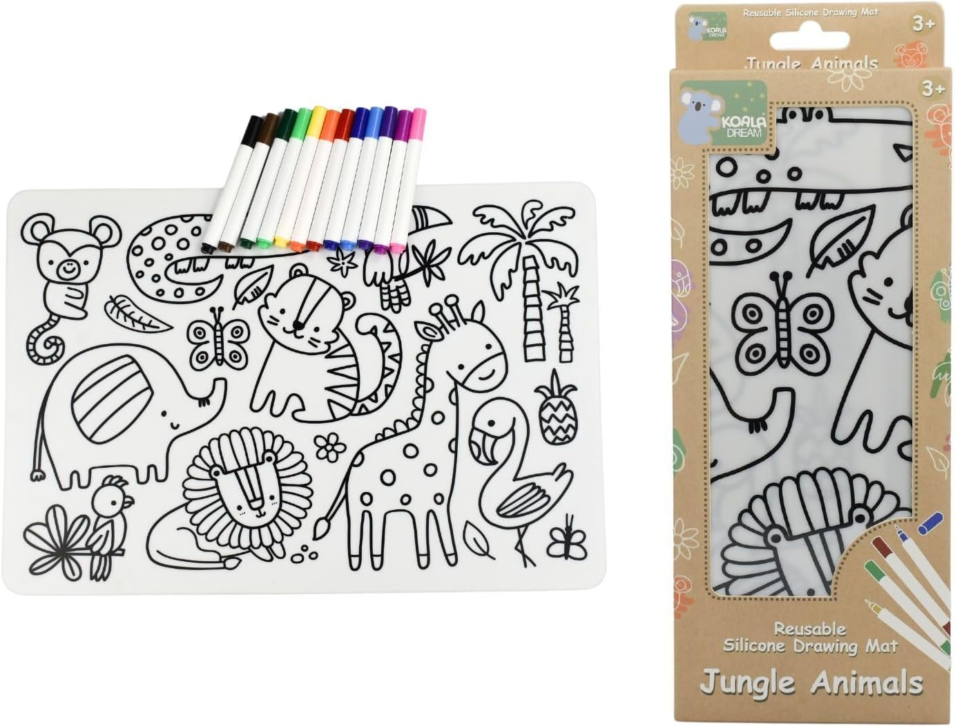 Koala Dream - CA3030B Reusable Silicone Drawing Mat-Jungle Animals- with 12 Washable Markers Perfect for Travel.
