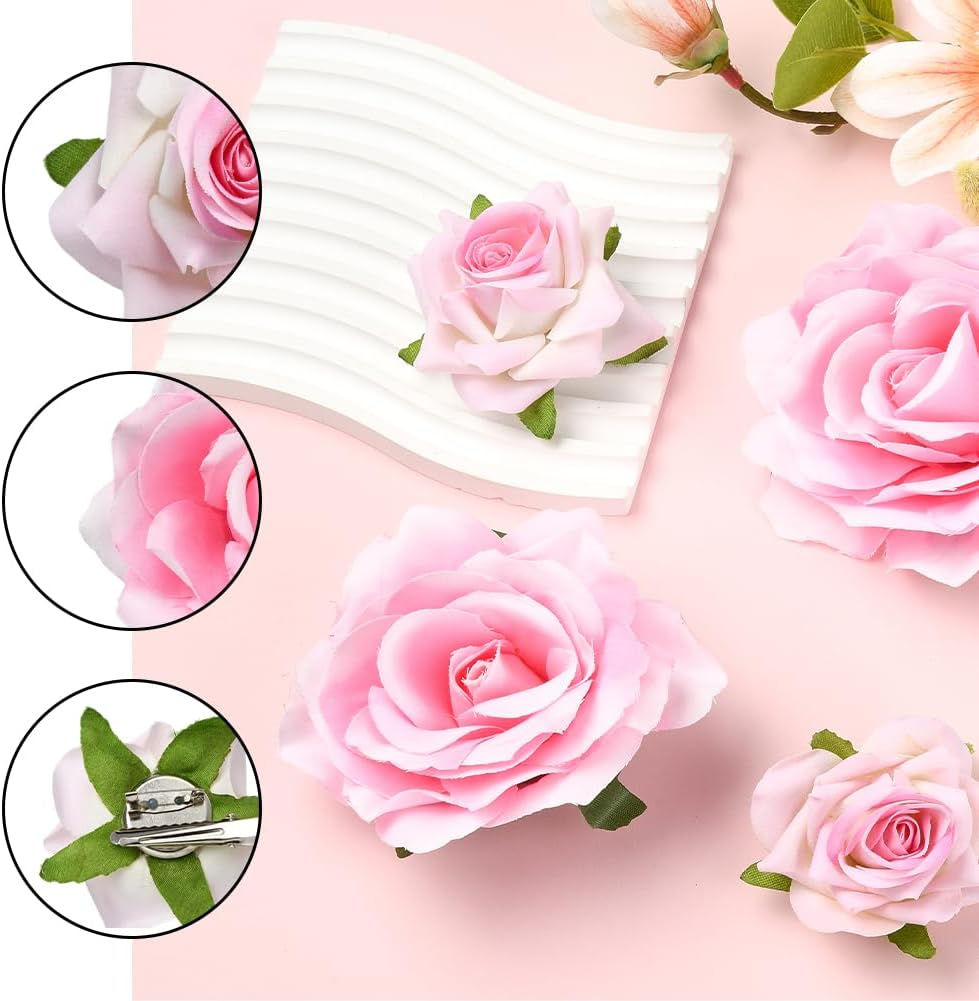 SOFPLATE Pack of 4 2 Styles Pink Rose Hair Clips Large Flower Brooch Large Fabric Pins Elegant Flowers Metal Decorative Hair Clips Accessories for Hairstyle Wedding Festival Party DIY Decoration image number 4
