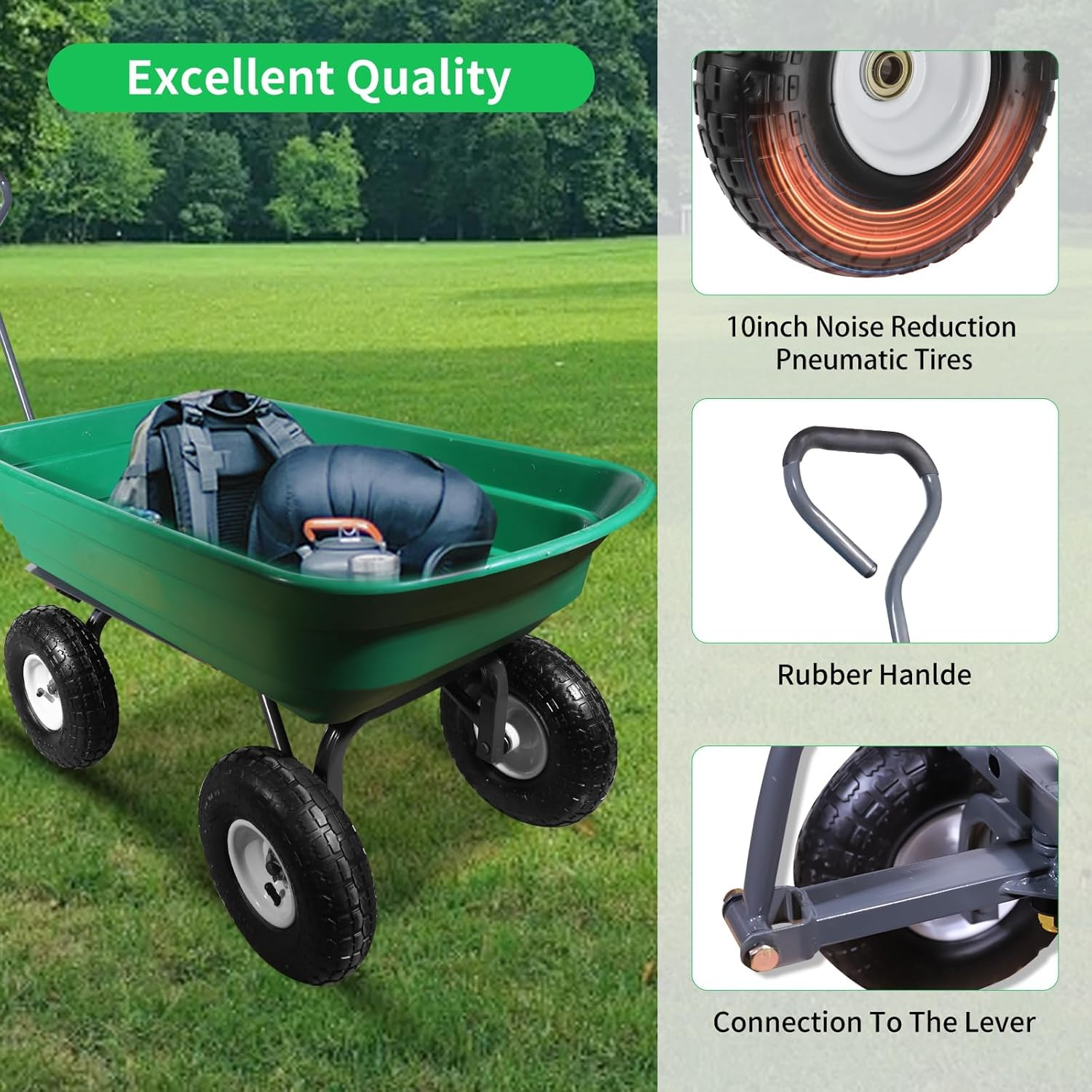 Garden Dump Cart,Camping Beach Wagon with 180&deg; Rotating Handle and 10" Pneumatic Tires,Practical Heavy Duty Yard Carts and Wagons,Quick Release Utility Wheel Barrow Trolley image number 6