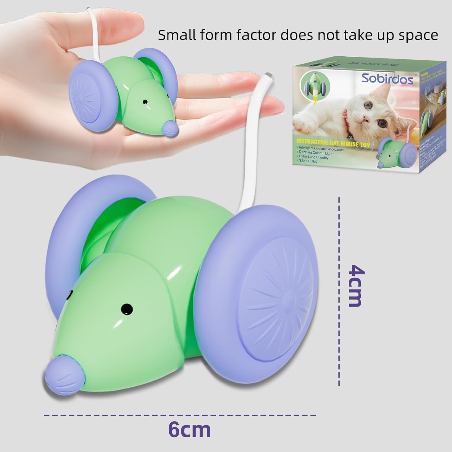 Sobirdos Smart Electric Cat Toy, Cat Toys for Indoor Cats,Interactive Mouse Toy, Kitten Toys,Interactive Cat Toy, Automatic Cat Toy,Silent Cat Toy with LED Lights,Auto On/Off,Usb Rechargeable(Green) image number 4