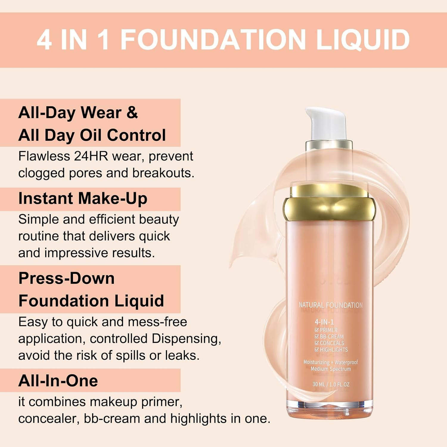 4 in 1 Coverage Foundation, True Match Cosmetics, Color Changing Foundation Liquid, Waterproof, Moisturizing, Hydrating, Evening, Lightweight Longwear Makeup for Women image number 1