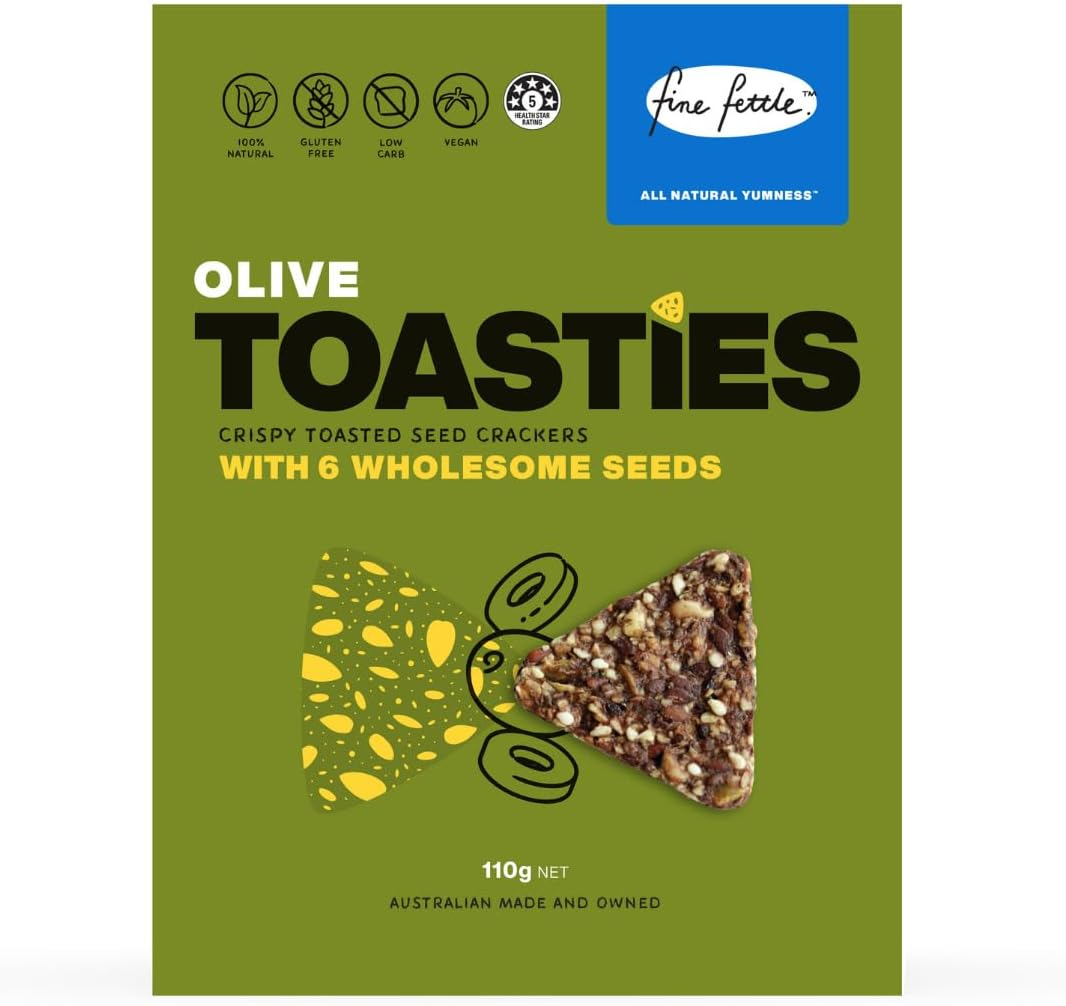 Fine Fettle Toasties Multipack 110G X 3 (Dukkah, Olive & Seaweed Toasties). Gourmet Crackers and Healthy Snacks - Gluten Free, Low Carb and Vegan - Crispy Toasted Seed Crackers with 6 Wholesome Seeds image number 4