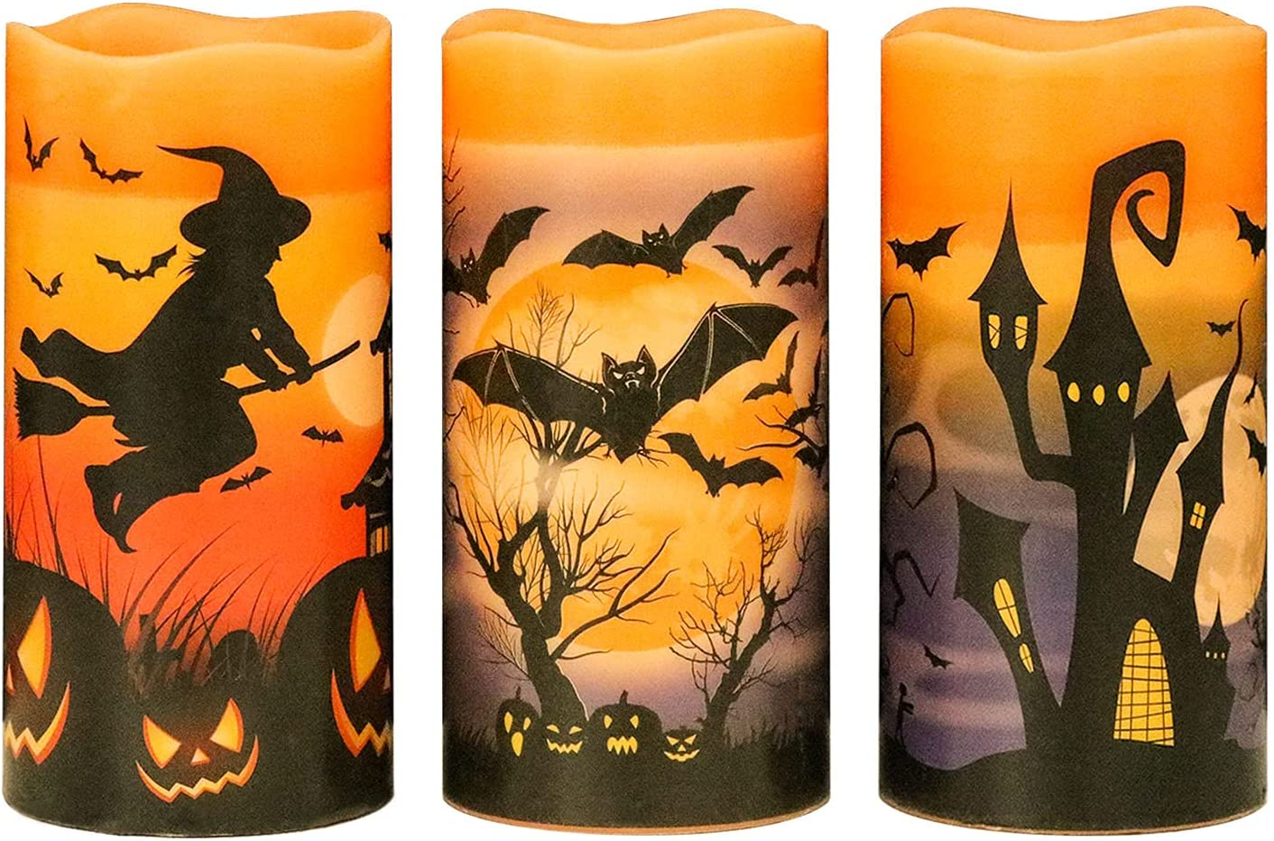 Eldnacele Halloween Flameless Flickering LED Candles with 6-Hour Timer, Battery Operated Wax Candles Assorted Decals Witch, Pumpkin, Bats, Castle Set of 3 for Decoration image number 5