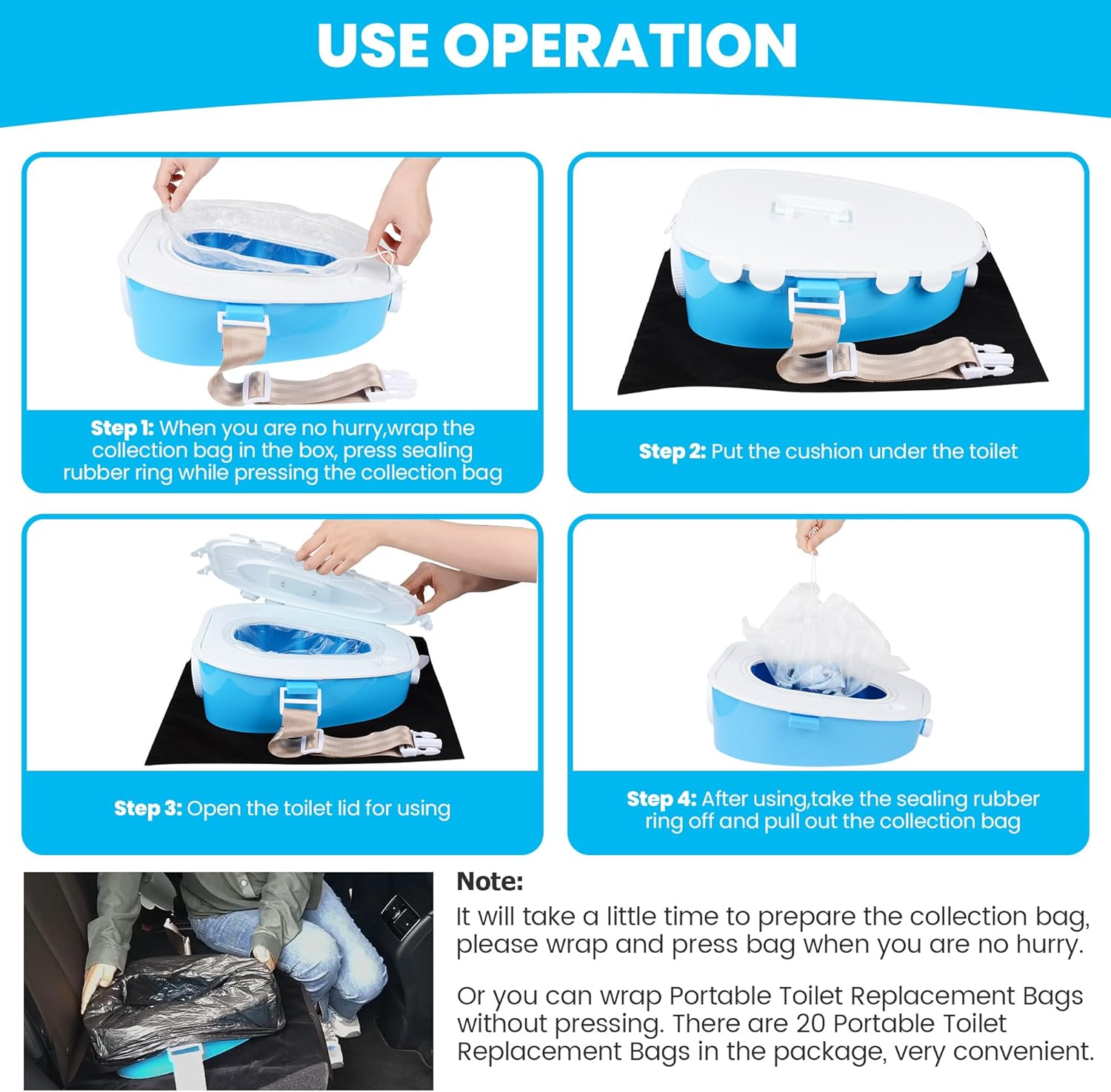 A ARCITON Portable Toilet Car Camping Toilet Indoor & Outdoor Commode,Travel Potty,Portable Toilet for Car,Camping,Hiking,Boating,Long Road Trips,Traffic Jam (Blue) image number 5