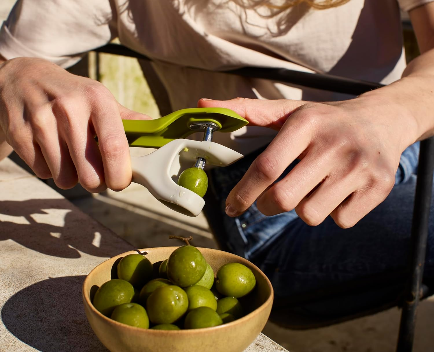 Joseph Joseph Tweezy 2-In-1 Cherry Olive Pitter and Strawberry Huller, Space Saving Storage, BPA Free image number 6