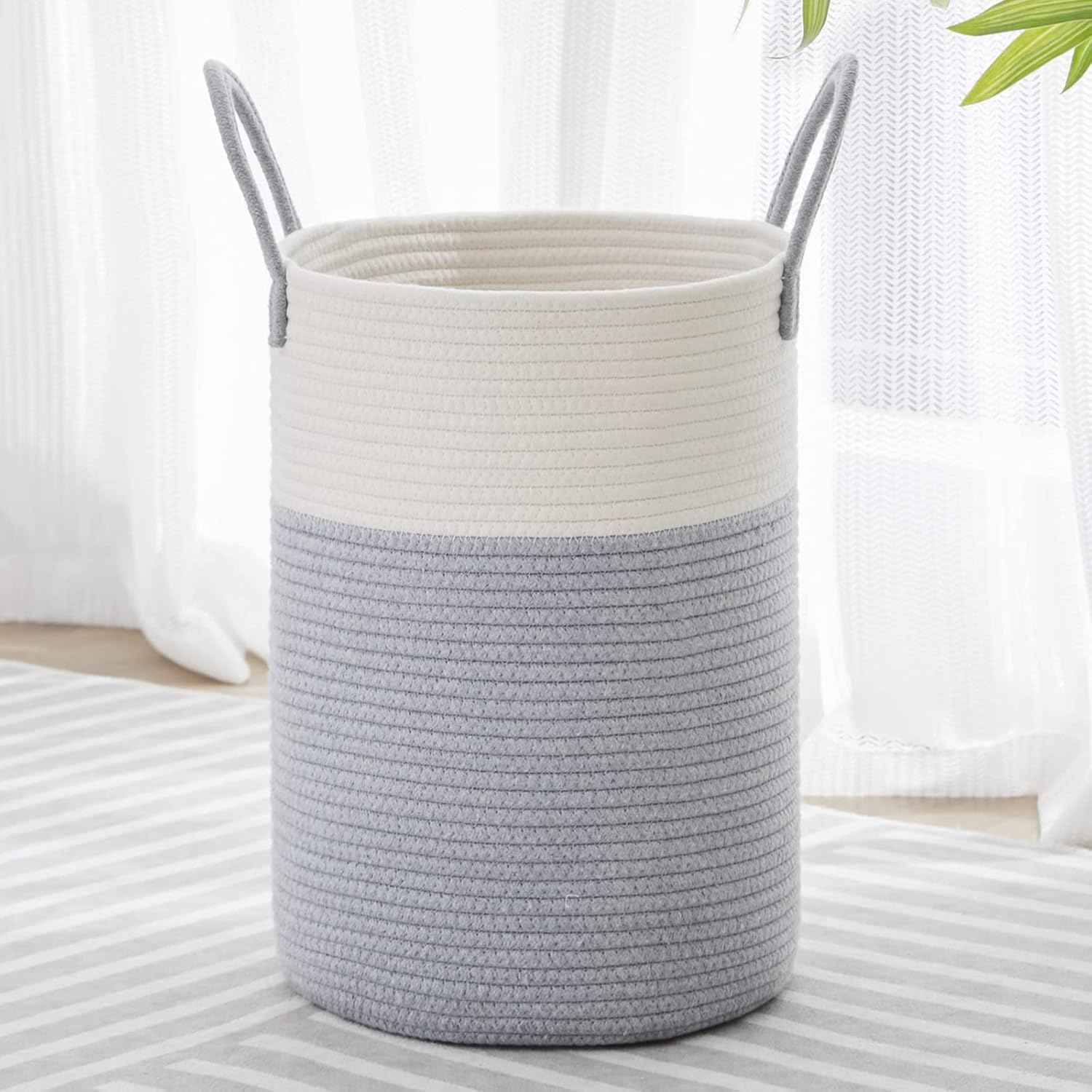 Large Laundry Hamper, Cotton Rope Storage Bin, Tall Woven Laundry Basket for Clothes and Toys, Blanket Storage, Basket for Living Room, Baby Nursery, Bathroom and Bedroom (Grey)