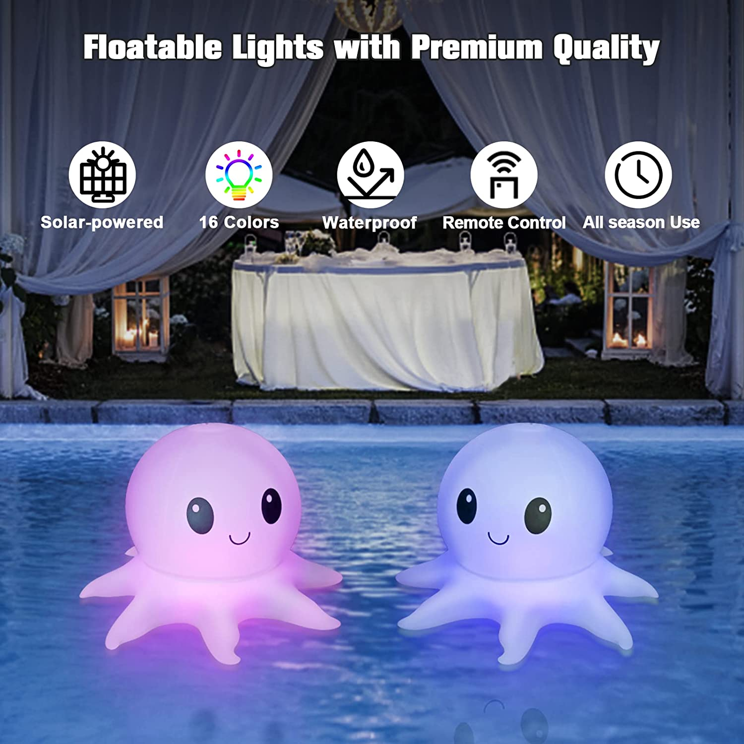 Qoolife Solar Floating Pool Lights,2 Pack Inflatable Octopus Lights with Remote Control, 16 WRGB Colors 4 Modes, IP68 Waterproof Premium Quality, Outdoor Decor Pool Garden Party Christmas Decorations image number 2
