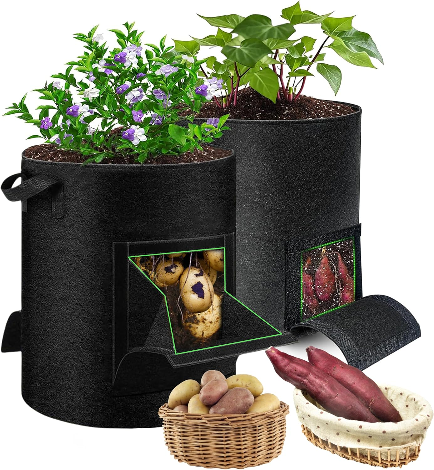 2-Pack 15 Gallon Potato Grow Bags - Plant Growing Bags with Handles & 2 Visible Flap for Potatoes, Carrots, Tomatoes and Other Vegetables