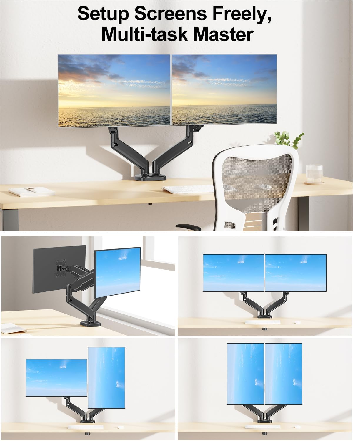 MOUNT PRO Dual Monitor Mount Fits 13 to 32 Inch Screen, Height Adjustable Monitor Stand for 2 Monitors, Gas Spring Display Arm Holds up to 17. 6Lbs Each, Computer Desk VESA Mount, Black image number 3