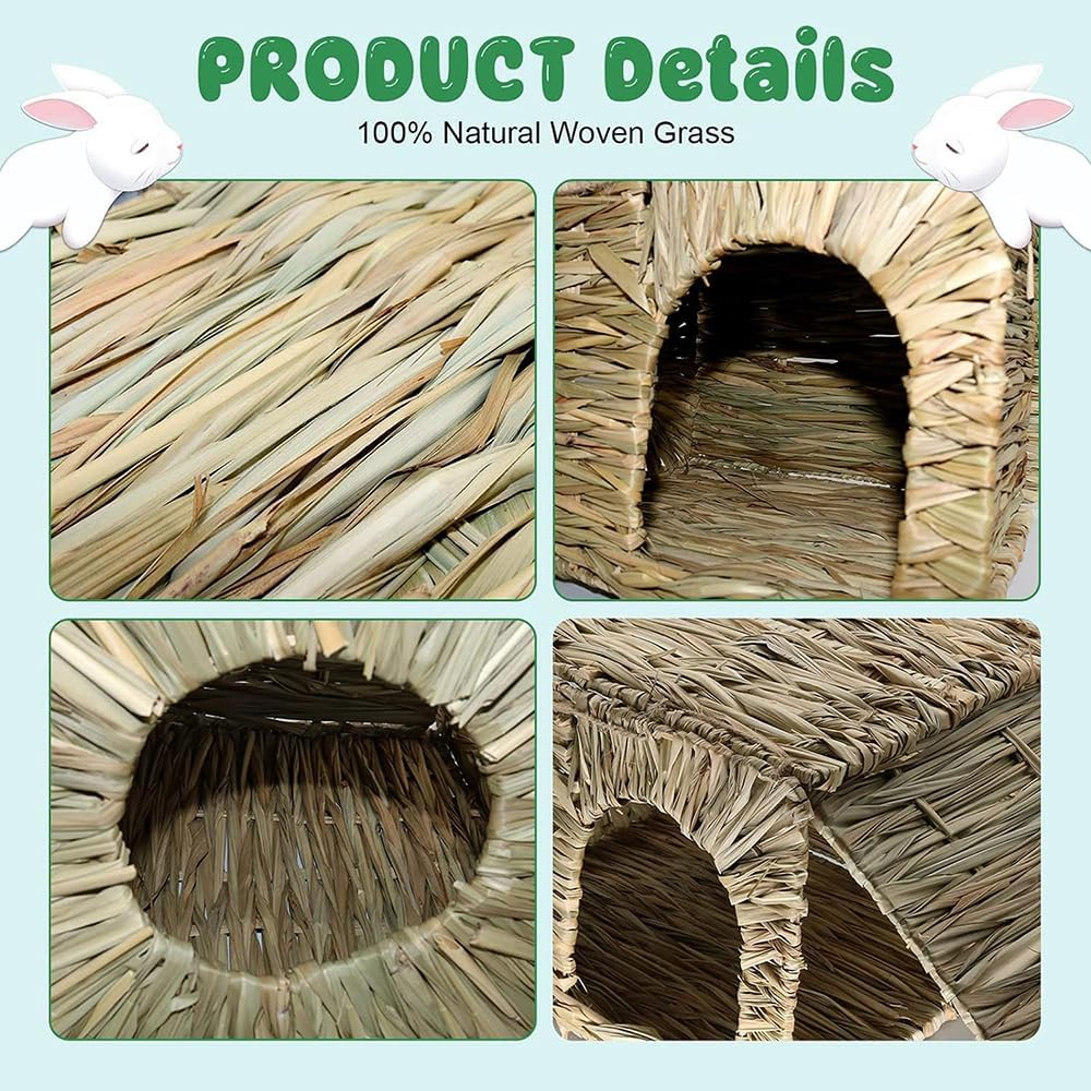 2 Pack Large Grass House and Tunnel for Small Animal, Hand Crafted Natural Grass Hideaway Foldable Bed Hut for Bunny Guinea Pig Chinchilla Ferret for Play and Sleep image number 2