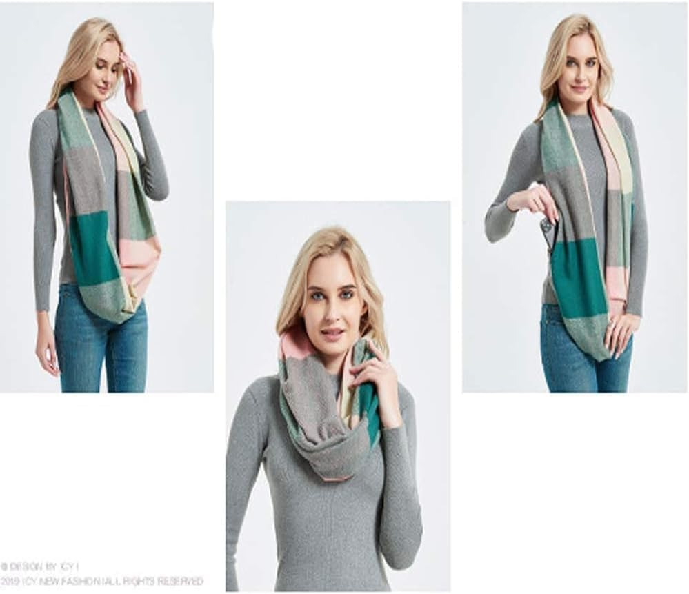 Women Plaid Infinity Scarf with Zipper Pocket Scarves Pockets-Secret Travel Scarfs for Girls Ladies image number 1