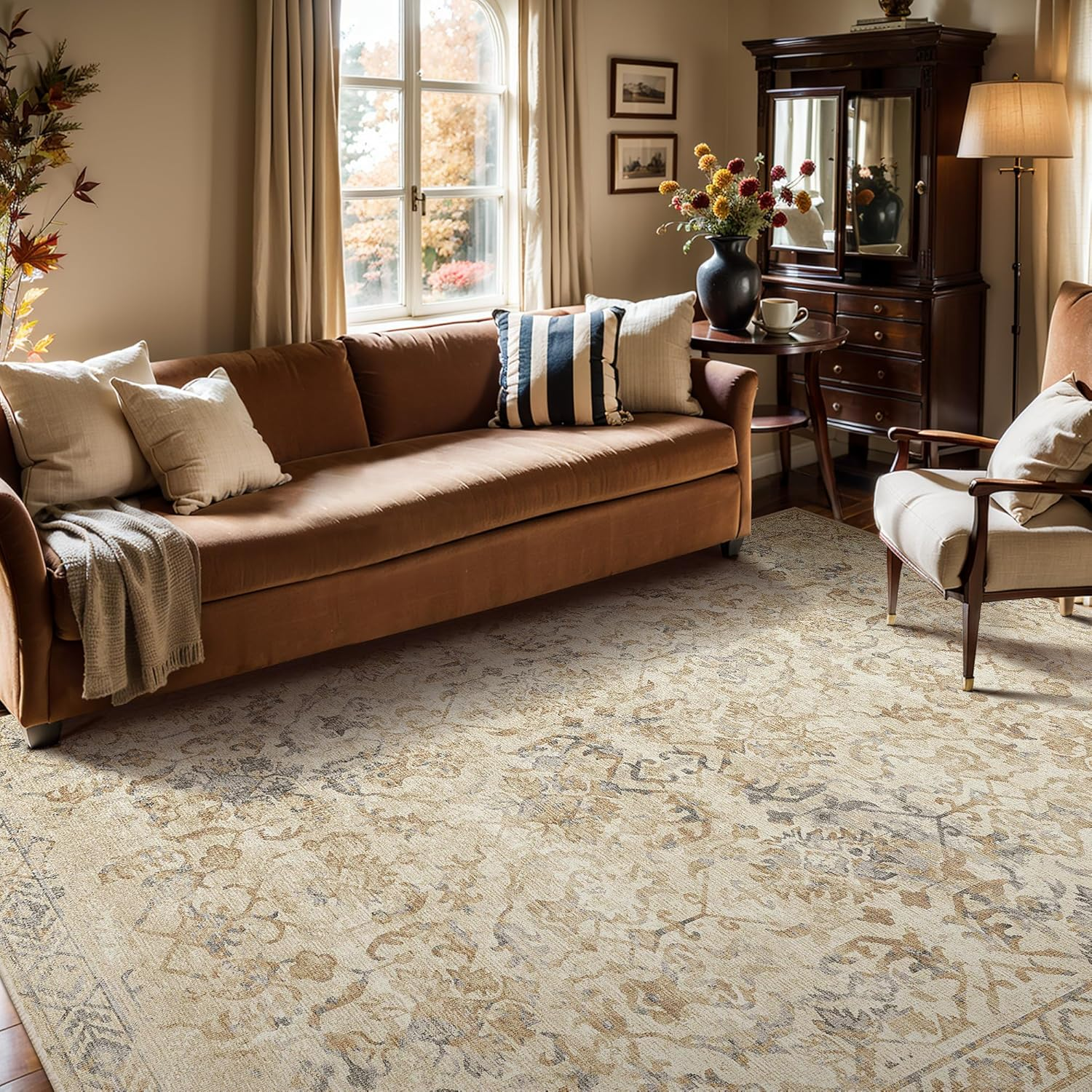 YOUZI Large Vintage Rugs for Living Room, Soft Low Pile Floral Area Rug Washable Non-Slip Boho Oriental Floor Rugs for Bedroom Kitchen Office Dining Room (Lightgreen, 200X300Cm)