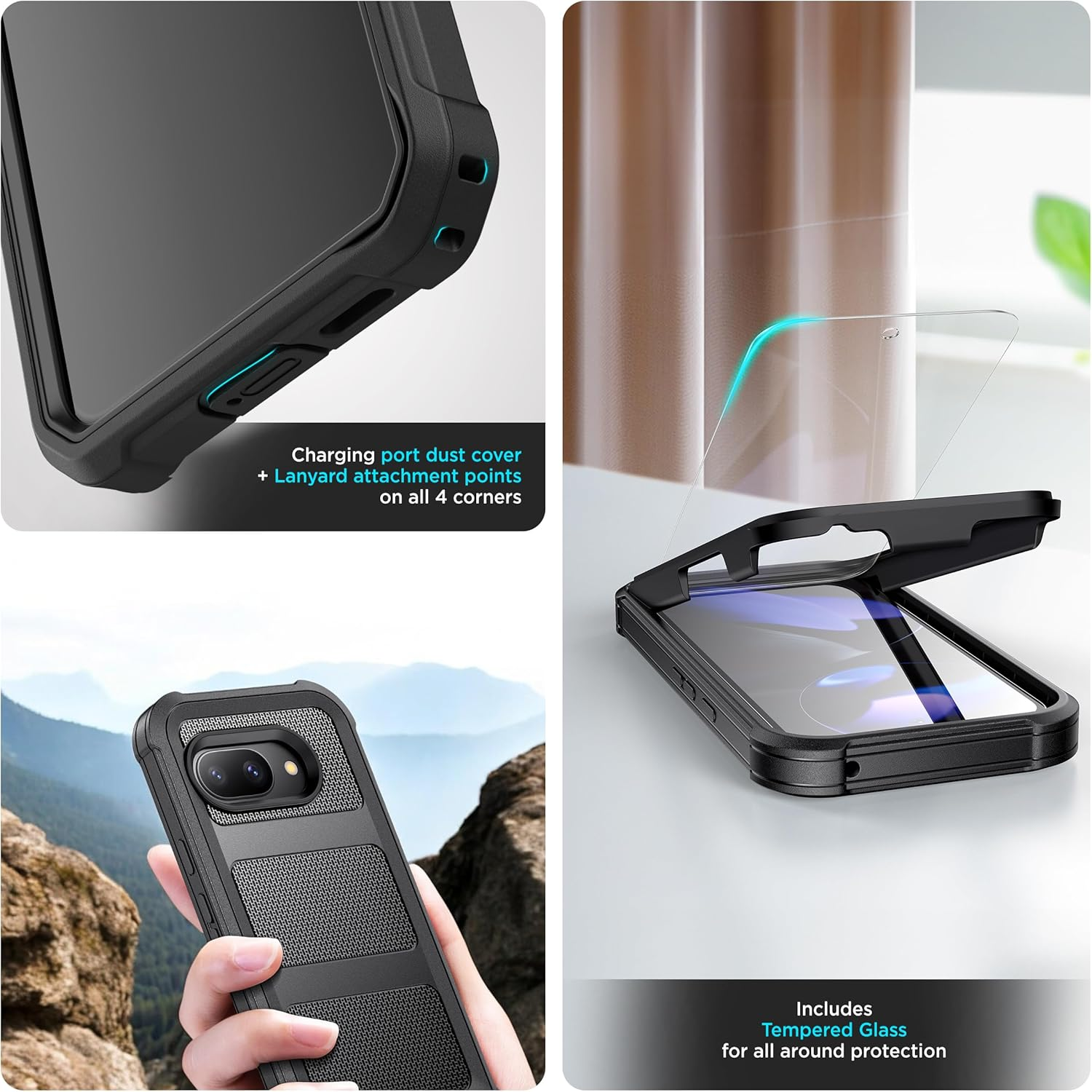 Encased Heavy Duty Case for Google Pixel 9A, (Falcon Series) Full Body Protective Phone Case with Screen Protector (Black) image number 3